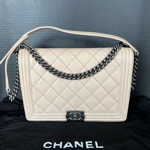 CHANEL Boy Beige Quilted Caviar Stitch Lambskin Leather Flap